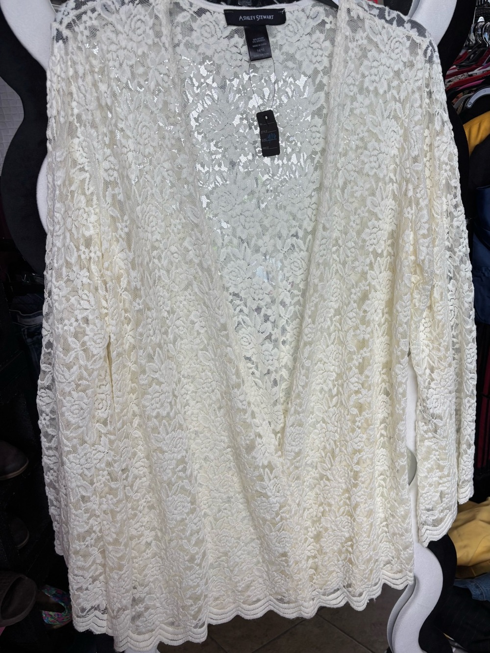 Ashley Stewart Ivory Floral Lace Open Front Cardigan